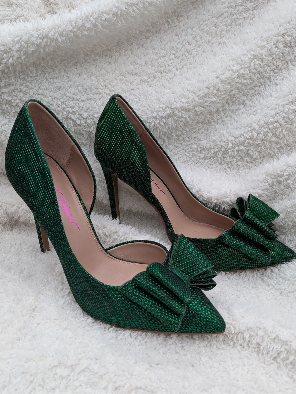 💚Betsey Johnson Glitter Green Bow Pointed-Toe Pumps - Picture 4 of 7